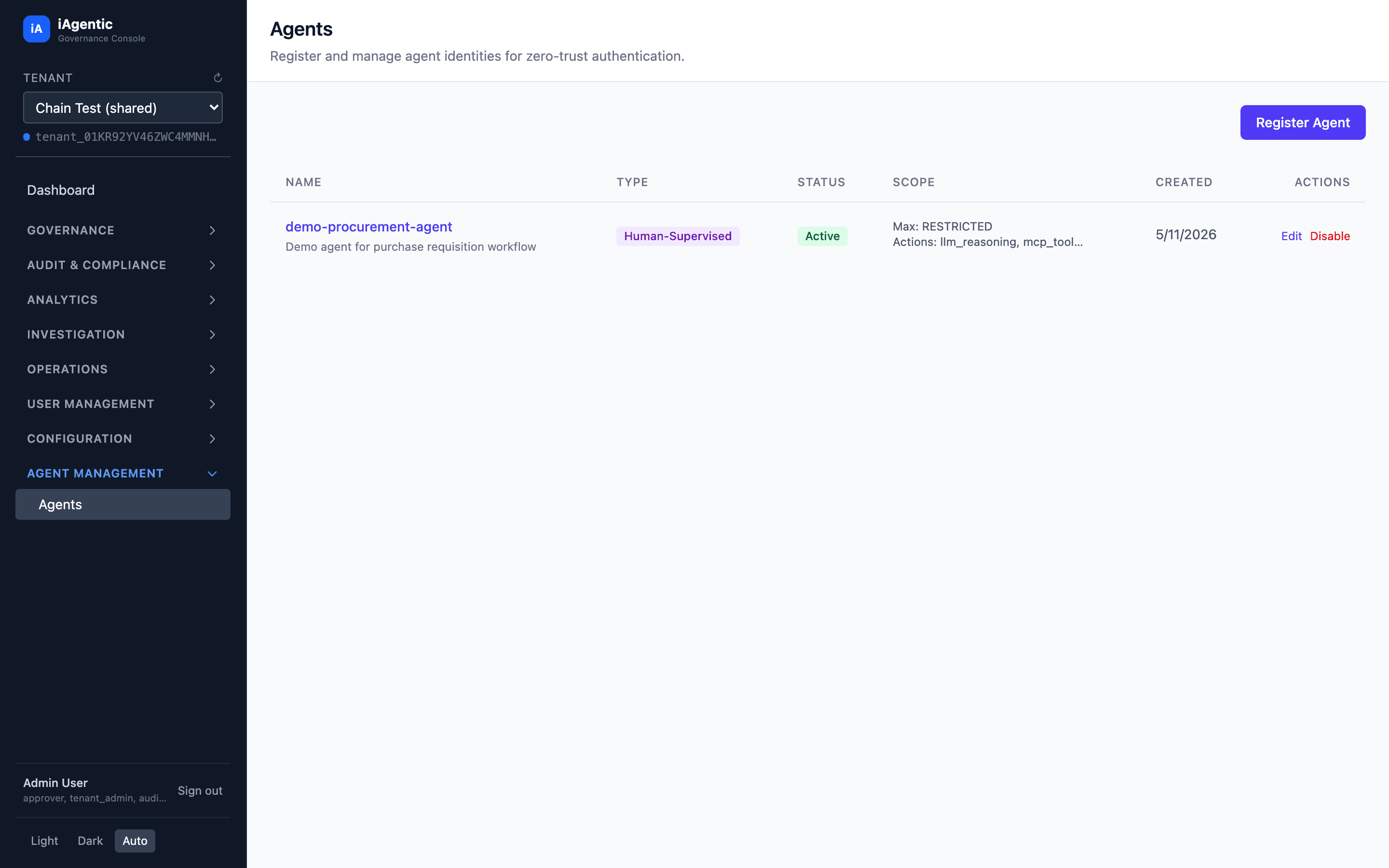 iAgentic agent registry showing Human-Supervised agent with scope, max classification RESTRICTED, and allowed actions