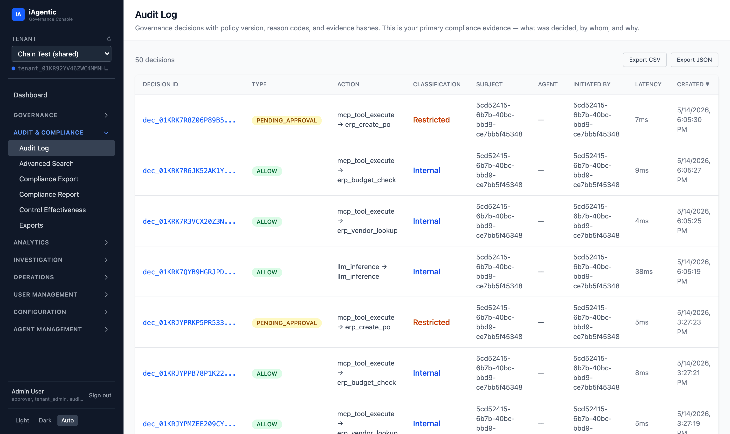 iAgentic audit log showing governance decisions with decision IDs, types, action classifications, and latency